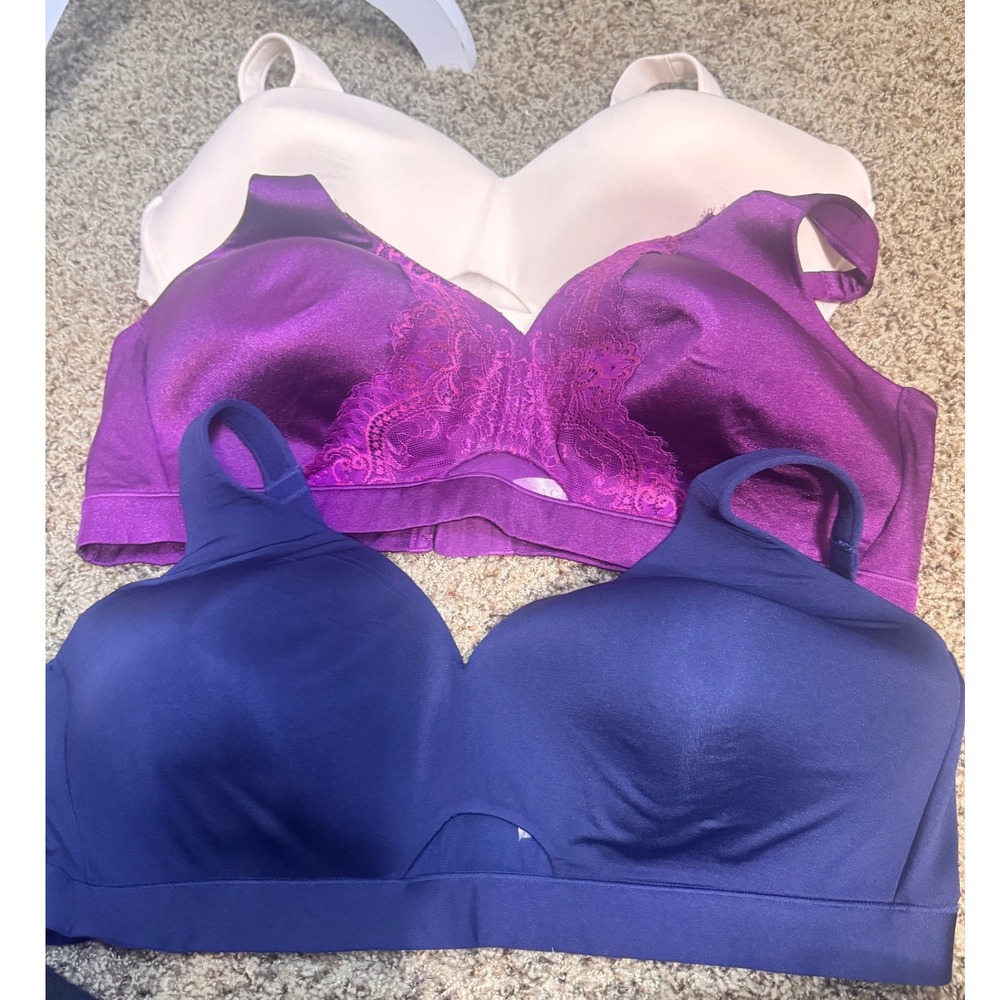 Lot of 3 Cacique Lightly Lined No Wire Bras 44D Navy Purple Beige Lace